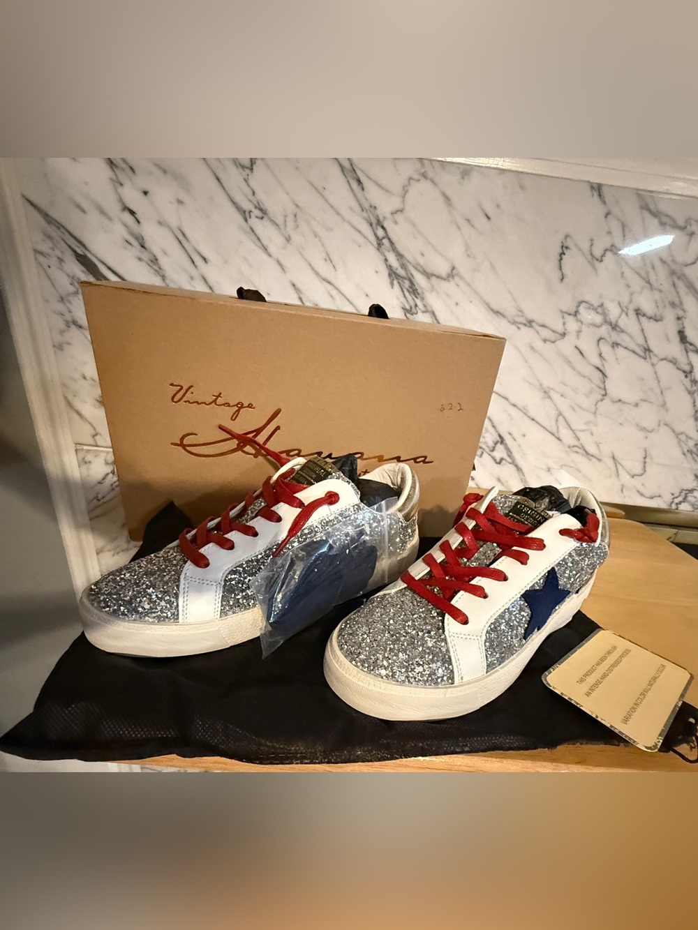 Vintage Havana Womens Limitless Silver Glitter Sneakers Star, Red & Blue Laces